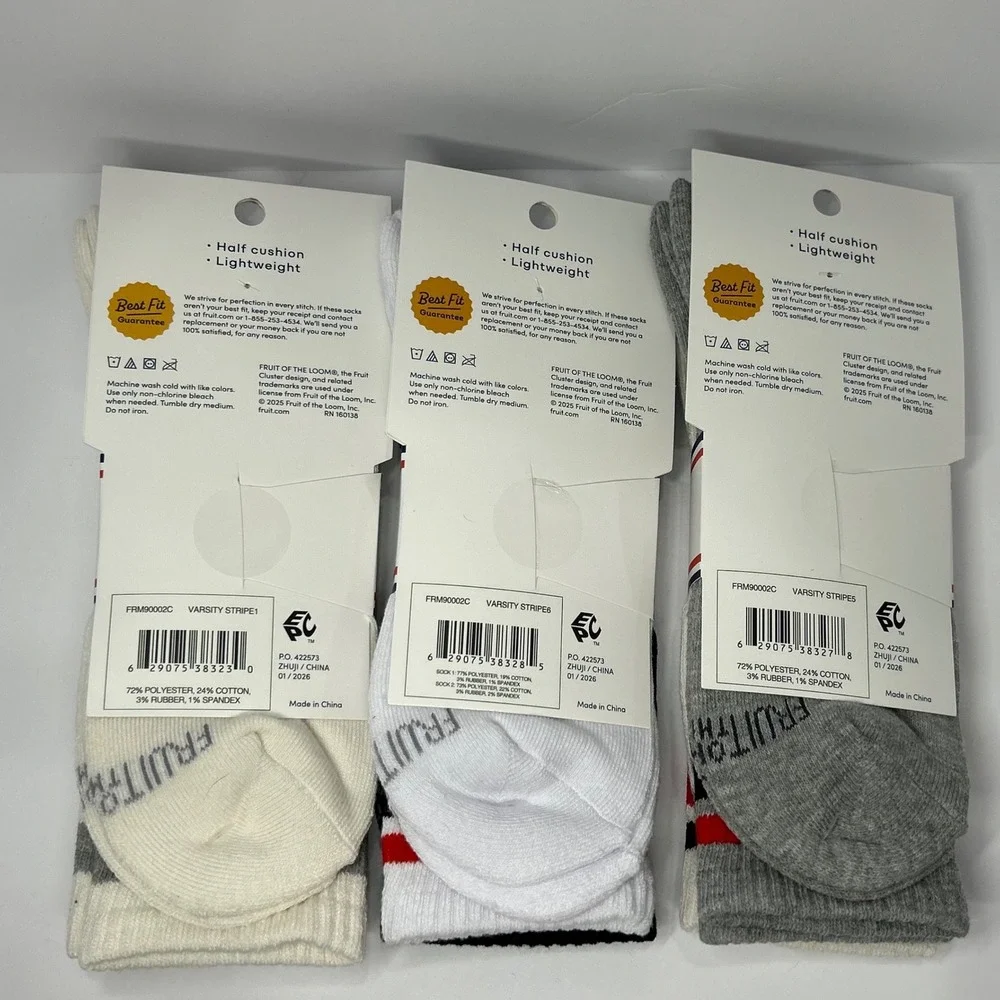 Fruit of the Loom 6 Pair Varsity Stripe Crew Socks Mens 6-12 White Navy Red New